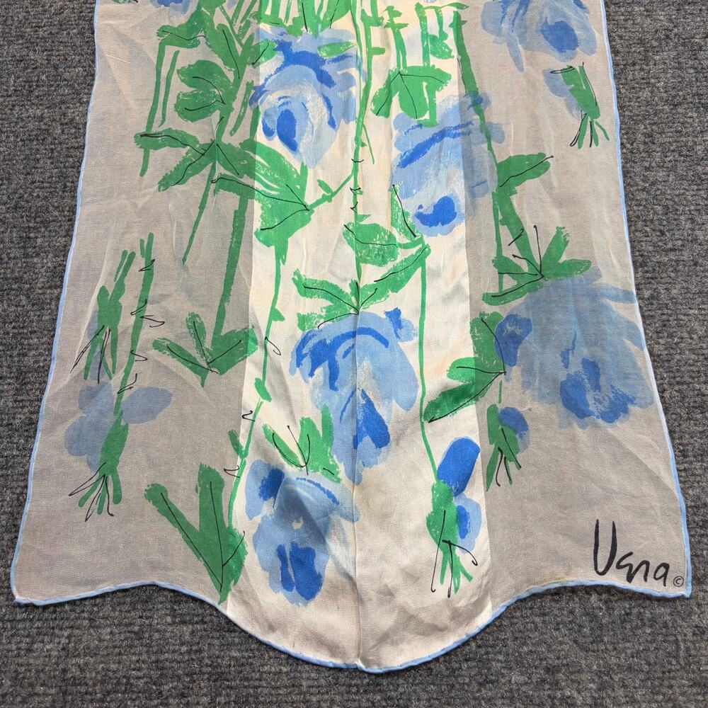 Vintage Vera Neumann Silk Scarf Blue Green Floral Print Long Designer 15x43 - Picture 2 of 5
